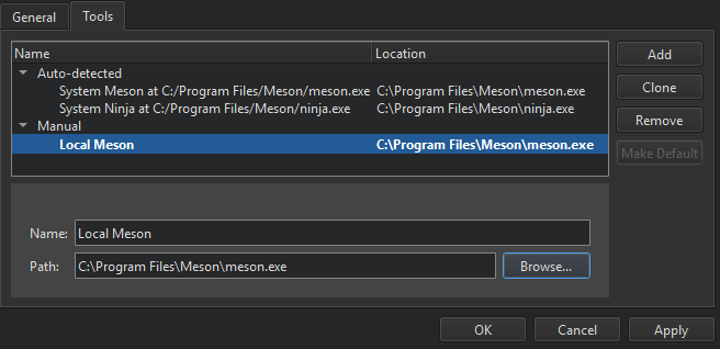 Tools tab in the Meson preferences