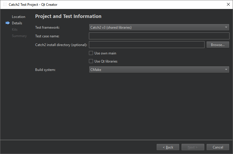 Project and Test Information dialog in the Catch2 Test Project wizard