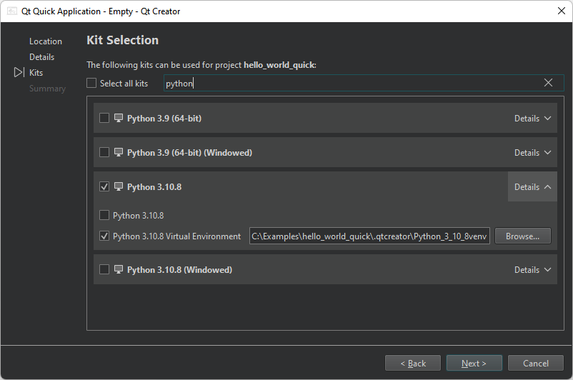 Selecting a kit for a Python project