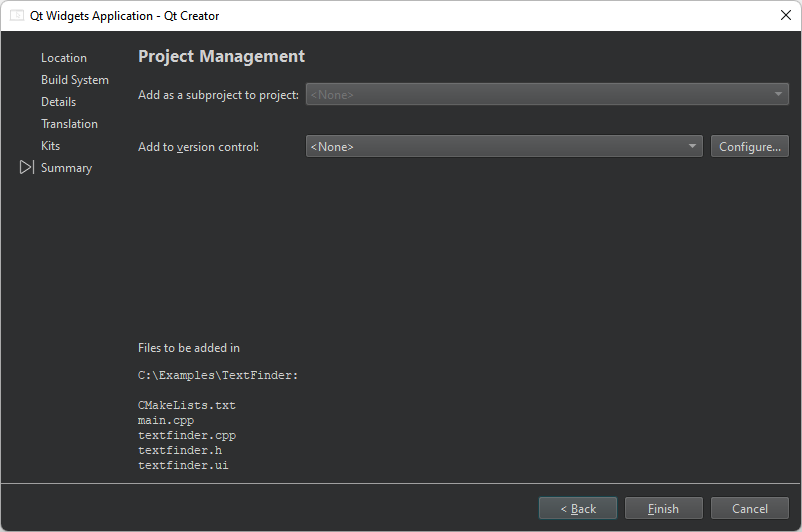Project Management dialog