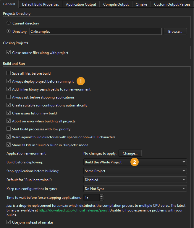General tab in Build & Run preferences