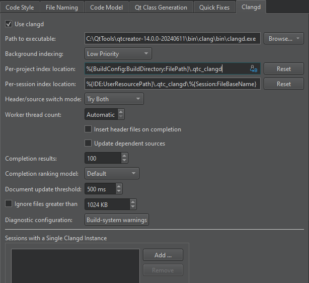 Clangd tab in C++ preferences