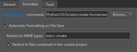 Formatter tab in CMake preferences
