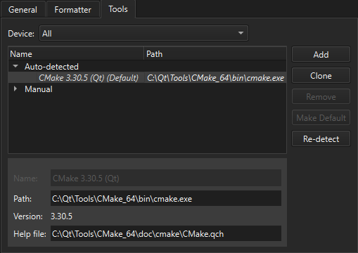 Tools tab in CMake preferences