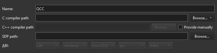 Adding a QCC compiler in the Compilers tab in Kits preferences