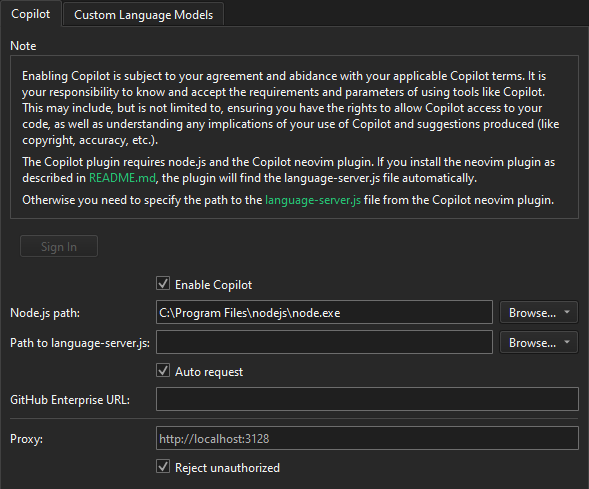 Copilot tab in AI preferences