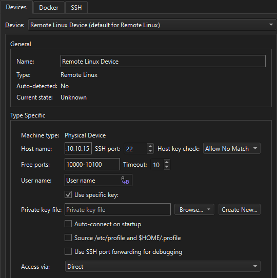 Remote Linux device in the Devices tab in Devices preferences
