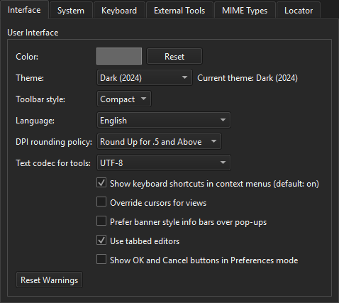 Interface tab in Environment preferences