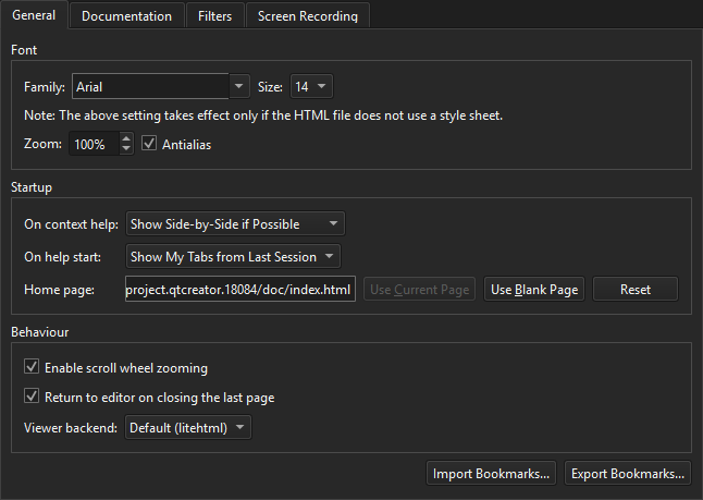 General tab in Help preferences