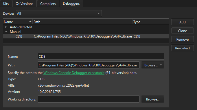 Debuggers tab in Kits preferences