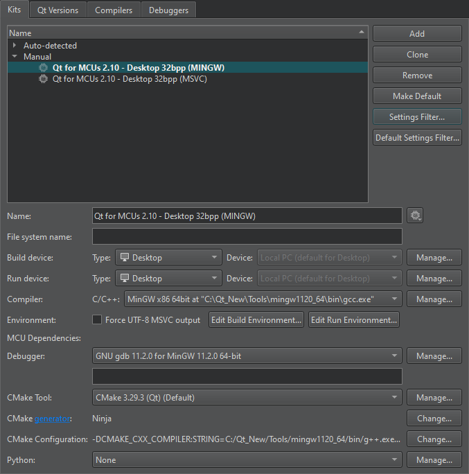 MCU kit in the Kits tab in Kits preferences