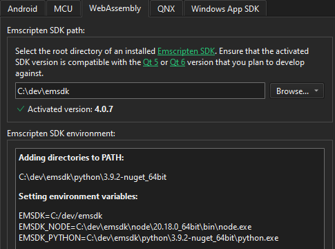WebAssembly tab in SDKs preferences