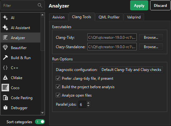 Preference categories in alphabetic order
