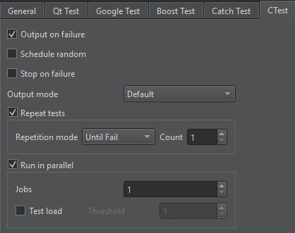 CTest tab in Testing preferences