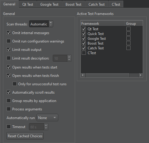 General tab in Testing preferences