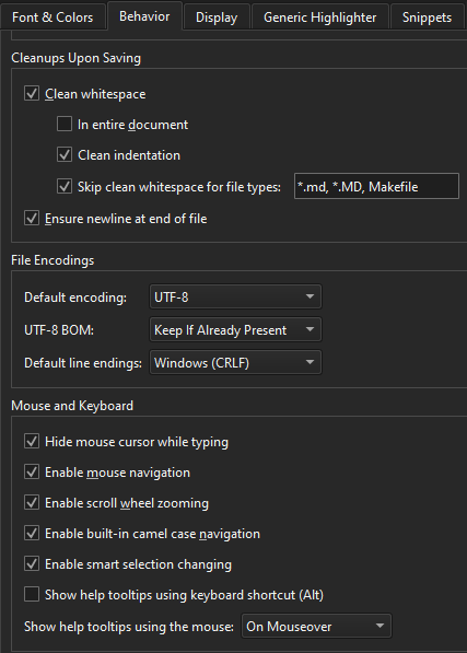 Behavior tab in Text Editor preferences
