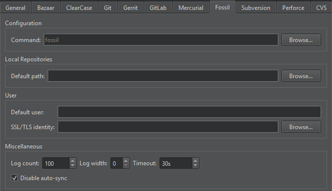 Fossil tab in Version Control preferences