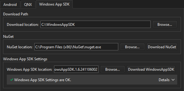 Win App SDK tab in SDKs preferences