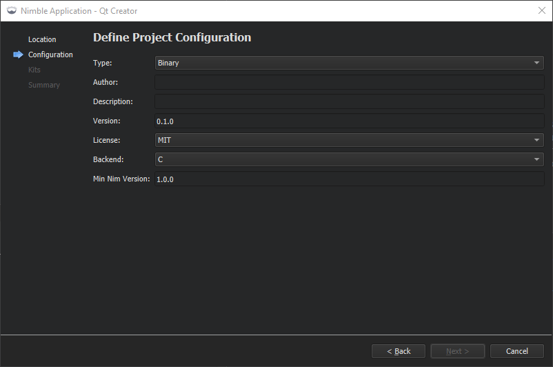 Define Project Configuration dialog