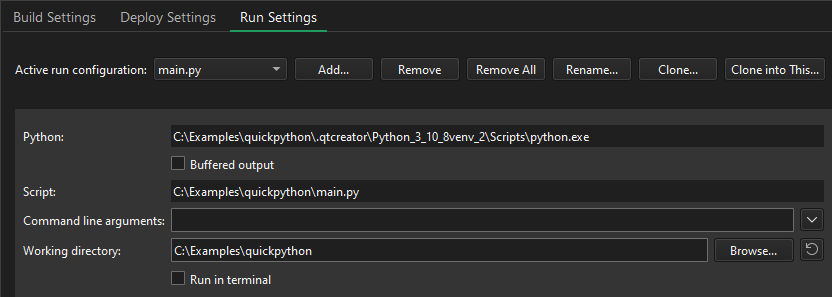 Python run settings