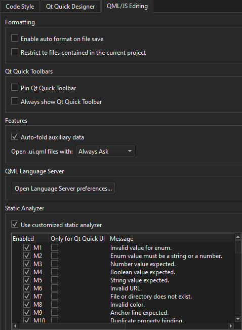 QML/JS Editing tab in Qt Quick preferences
