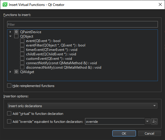 Insert Virtual Functions dialog