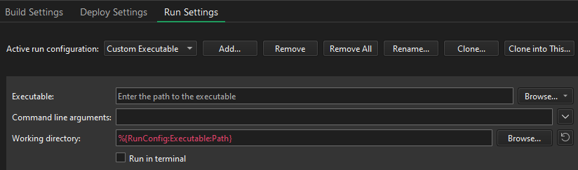 Run settings for custom executables
