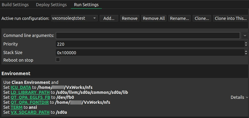 Run Settings for VxWorks