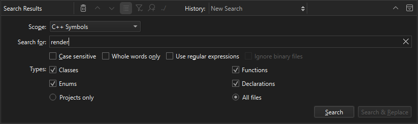 Search criteria in the Search Results view