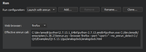 Selecting the browser to run in Qt for WebAssembly run settings