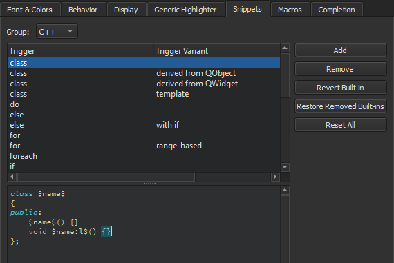 Snippet modifiers in the snippet editor