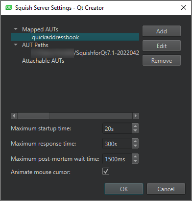Squish Server Settings dialog