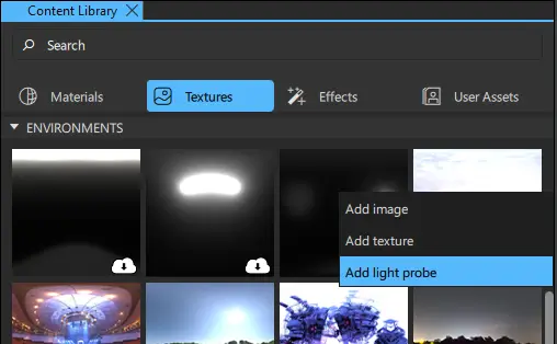 Adding light probe in the Content Library view.