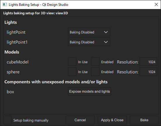 The Lights Baking Setup dialog.