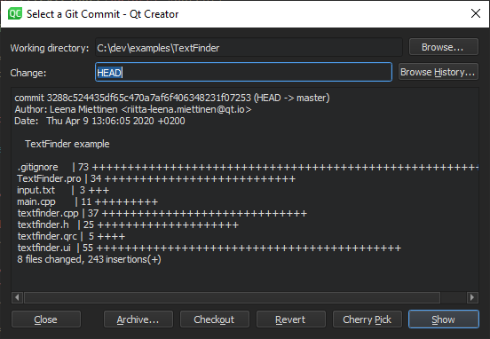 Select a Git Commit dialog