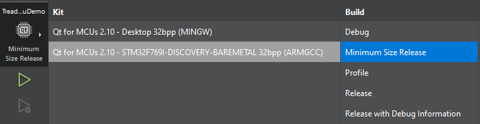 Qt Creator debug with STM minimize size release option for MCU application.