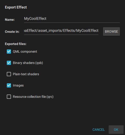 Qt Effect Maker export effect dialog.