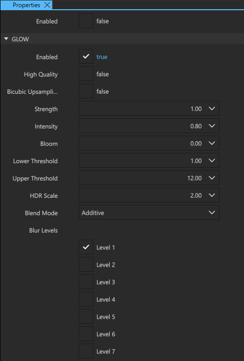 The Glow effect properties in the Properties view.