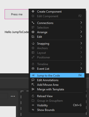 Selecting Jump to the Code from the context menu in the 2D view.