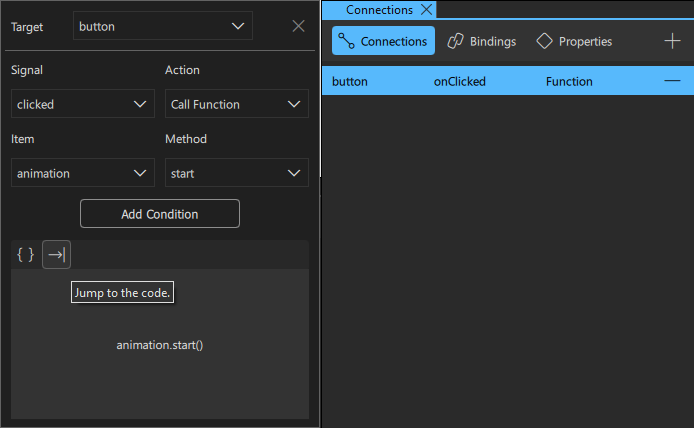 Selecting Jump to the Code from the context menu in the Connections view.