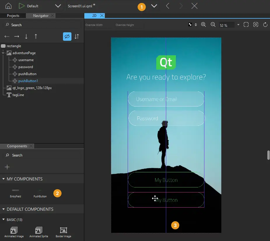 Adding push buttons from the Components view.