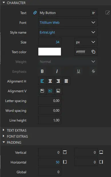 Text properties of the Button component.