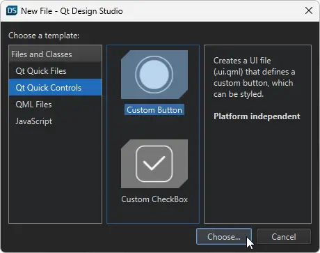 The New File window for creating a button.