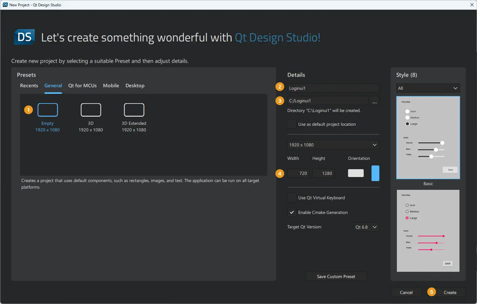 Creating a new project in Qt Design Studio.