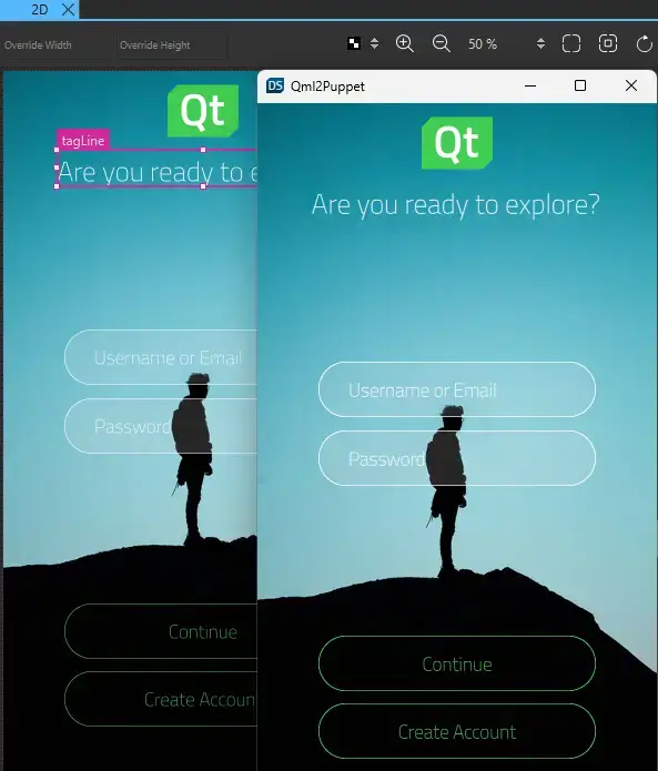 The finished UI in the 2D view and Live Preview.