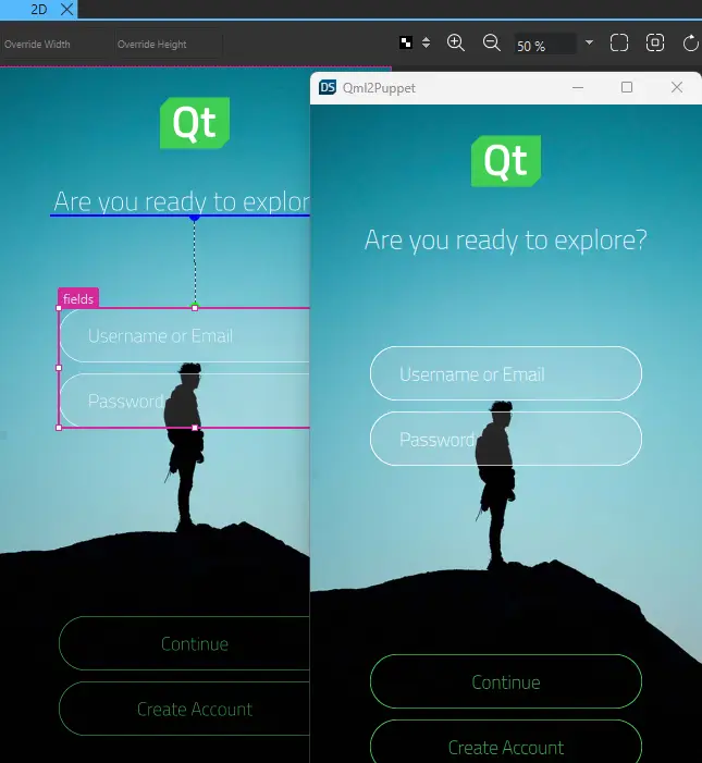The login page in the 2D view and Live Preview.