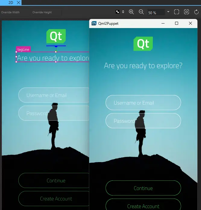 The login page in the 2D view and Live Preview.