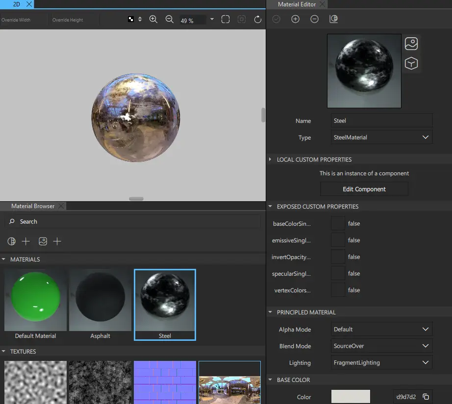 Materials and textures in the Material Browser view.