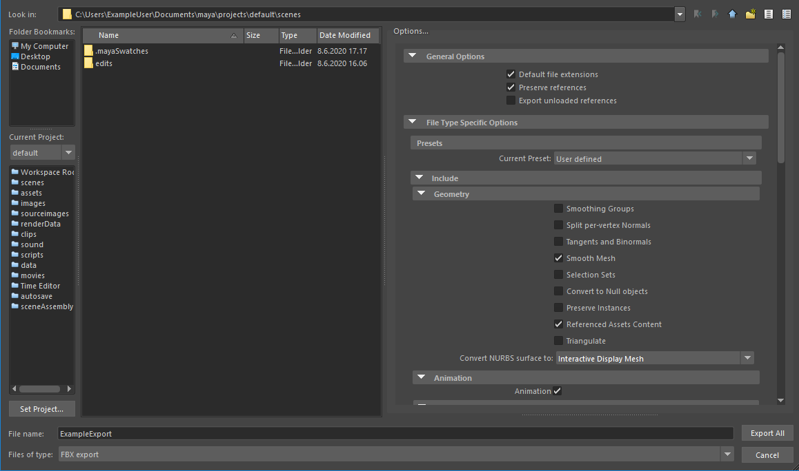 Export options in Maya