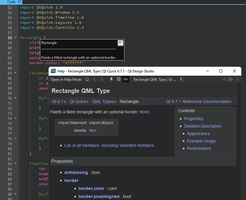 Context-sensitive help in the Code view.